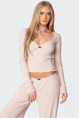 Edikted Roselle Ribbed V Neck Long Sleeve Tops Light Pink | USA EQ315801G2