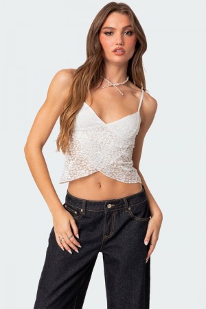 Edikted Ruby Sheer Lace Tank Crop Tops Burgundy | USA SP407550X0