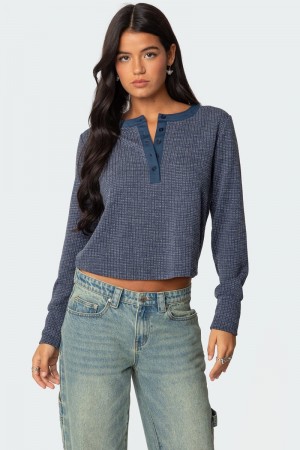 Edikted Ruth Henley Waffle Long Sleeve Tops Navy | USA VP814811K9