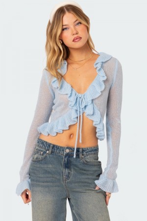Edikted Ryleigh Ruffled Tie Front Cardigan Blue | USA GT175527Z4