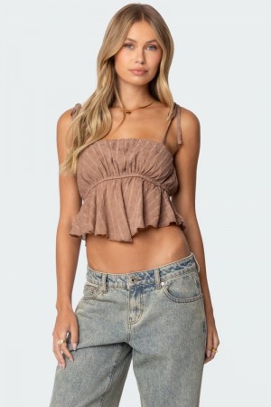 Edikted Rylie Textured Chiffon Flare Crop Tops Brown | USA VH426022R6