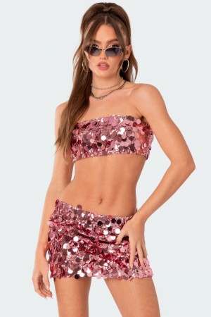 Edikted Sabina Sequin Bandeau Crop Tops Pink | USA XO765706N9