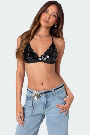 Edikted Sabina Sequin Bralette Crop Tops Black | USA TV089998R7