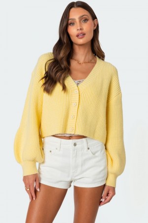 Edikted Sabrina Chunky Knit Cropped Cardigan Long Sleeve Tops Brown | USA GZ431103V9