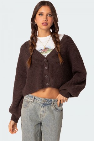 Edikted Sabrina Chunky Knit Cropped Cardigan Brown | USA YL172717F8