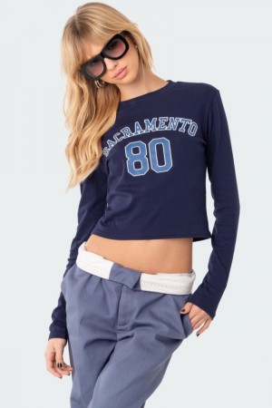Edikted Sacramento Long Sleeve T-Shirt Graphic Tops Blue | USA FO418351T0