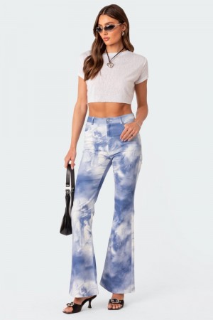 Edikted Saint Printed Flared Jeans Blue | USA DR534153B5