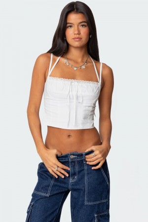 Edikted Salome Lace Up Corset Crop Tops White | USA KT651735O1
