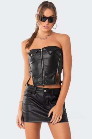 Edikted Sam Faux Leather Zip Corset Strapless Tops Black | USA CZ436763D8