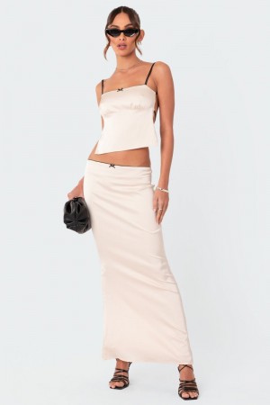 Edikted Satin Back Slitted Low Rise Maxi Skirts Beige | USA DL444524D7