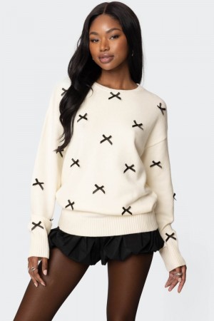 Edikted Satin Bow Oversized Sweater Long Sleeve Tops Cream | USA JF893429I2