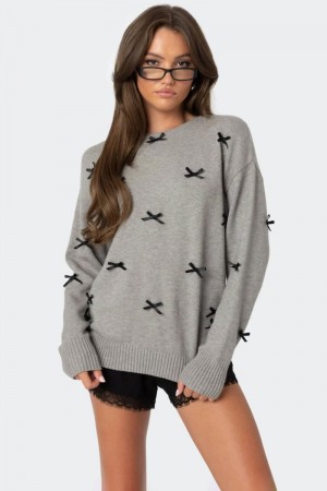 Edikted Satin Bow Oversized Sweater Long Sleeve Tops Cream | USA EY672247L0