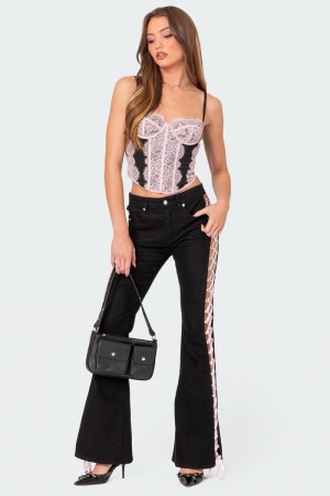 Edikted Satin Lace Up Flared Jeans Black | USA IT282728P1