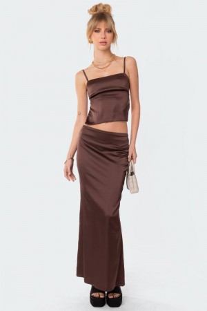 Edikted Satin Low Rise Back Slit Maxi Skirts Brown | USA RU994479W6