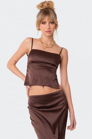 Edikted Satin Open Back Crop Tops Brown | USA OK773097Q5