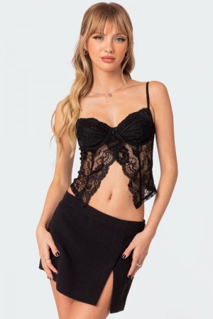 Edikted Sav Split Front Sheer Lace Corset Black | USA PW150615V2