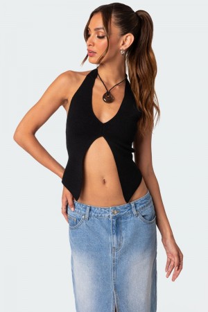 Edikted Sculpt Knitted Split Front Knitted Tops Black | USA SN664406A9