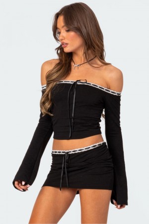 Edikted Seline Ribbon Trim Long Sleeve Tops Black | USA KM351235U0