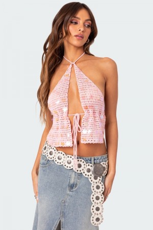 Edikted Sequin Crochet Open Back Crop Tops Pink | USA CX744444B9