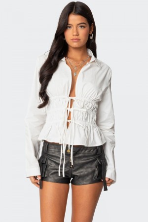 Edikted Sharon Collared Tie Front Long Sleeve Tops White | USA AP062056V3