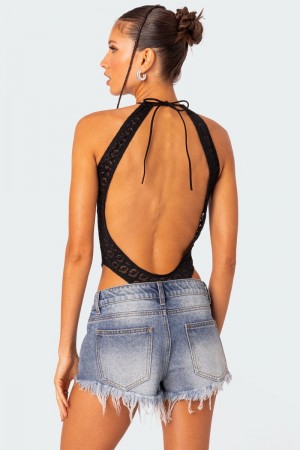 Edikted Sheer Lace Open Back Bodysuit Black | USA PK281958H8