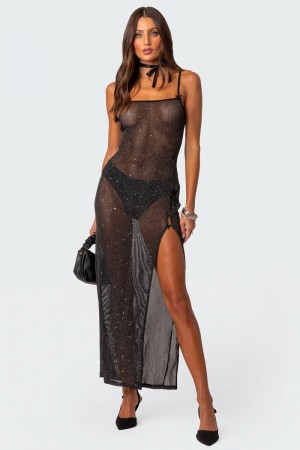 Edikted Sheer Micro Sequin Slitted Maxi Dress Maxi Dress Black | USA OK122102J1