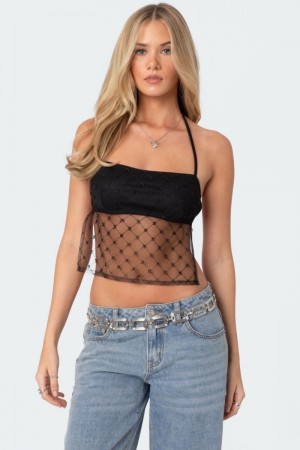 Edikted Sheer Sequin Backless Crop Tops Black | USA ZV104300I5