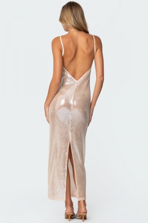 Edikted Sheer Sequin Slitted Maxi Dress Maxi Dress Light Pink | USA GL193669F4