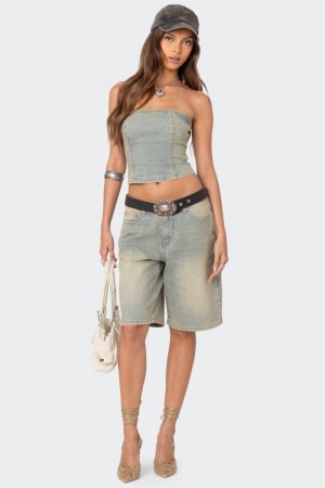 Edikted Shira Washed Denim Bermuda Shorts Blue Washed | USA BW016021P3