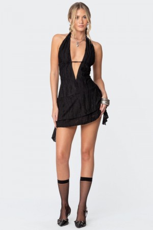 Edikted Shredded Backless Halter Mini Dress LBD Black | USA OO606090C6
