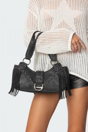 Edikted Shterna Fringed Faux Leather Sueded Bags Black | USA LV472197B5