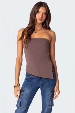 Edikted Silvia Asymmetric Hem Strapless Tops Brown | USA TS372287W7