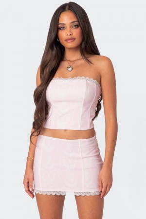 Edikted Silvie Printed Lace Up Corset Strapless Tops Pink | USA GP857905M7