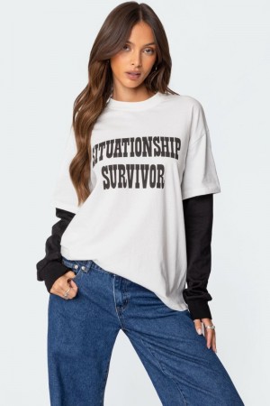 Edikted Situationship Oversized Layered T Shirt Graphic Tops White | USA SS100510L1