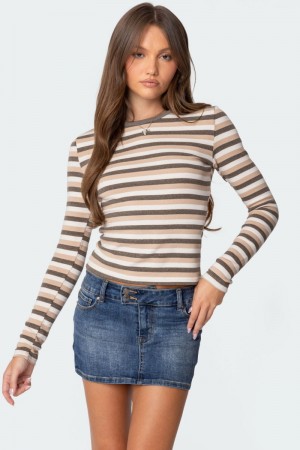 Edikted Sivan Striped Long Sleeve Tops Beige | USA WY910421N0