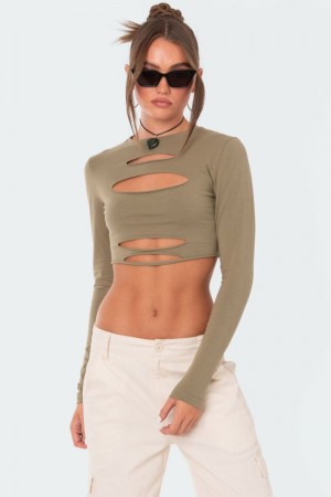 Edikted Slashed Crop Tops Olive | USA XK957645M6