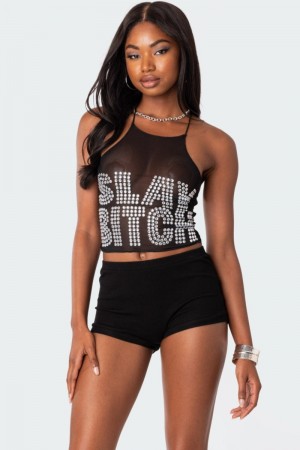 Edikted Slay B Sheer Mesh Crop Tops Black | USA AP693309U9
