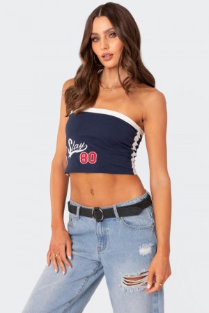 Edikted Slay Tube Graphic Tops Navy | USA ST424412T9