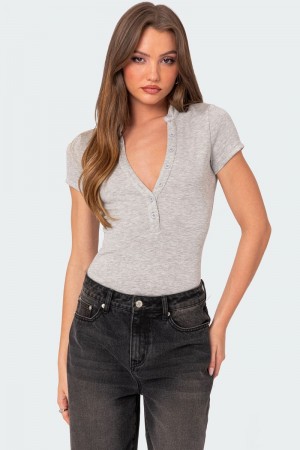 Edikted So Chill Button Up Bodysuit Gray Melange | USA GP261946F8