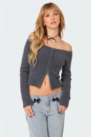 Edikted Sonia Off Shoulder Fuzzy Knit Long Sleeve Tops Dark Gray | USA RF320652W0
