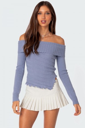 Edikted Sonya Fold Over Knit Long Sleeve Tops Blue | USA QM233353N6