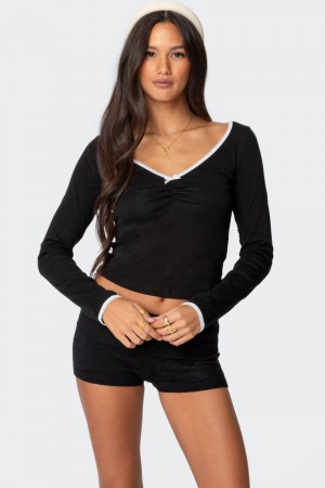 Edikted Sophia Contrast Lace Long Sleeve Tops Black | USA BQ585288K1
