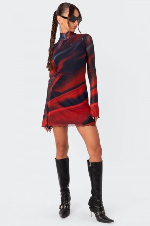 Edikted Sparks Fly Side Slitted Mesh Mini Long Sleeve Dress Mix | USA GF416211B1