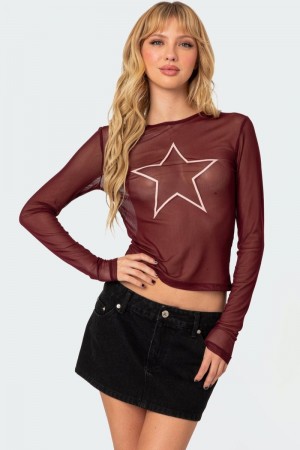Edikted Stargaze Sheer Mesh Graphic Tops Burgundy | USA ST214801K4