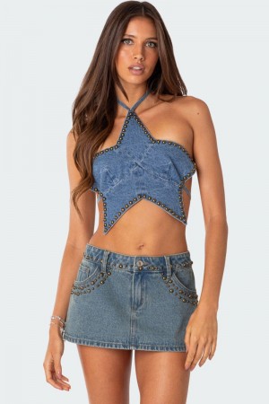 Edikted Starlet Studded Denim Crop Tops Blue Washed | USA SQ841274P0