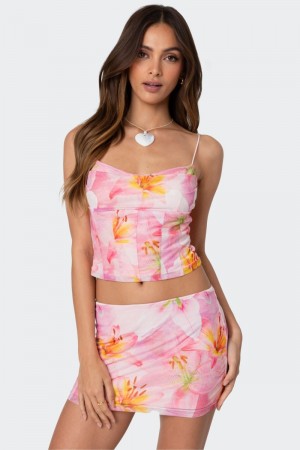 Edikted Stassi Cowl Neck Printed Corset Crop Tops Pink | USA CM591189J7
