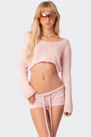 Edikted Staycation Cropped Knit Long Sleeve Tops Light Pink | USA IJ243484U1