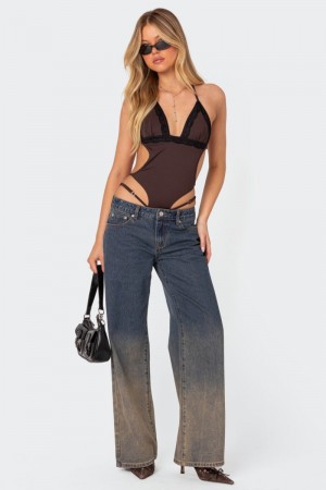 Edikted Strappy Lace Trim Bodysuit Brown | USA GU199209P4