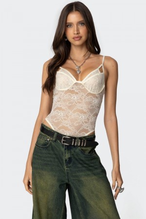 Edikted Strappy Sheer Lace Bodysuit Black | USA FG763966F9