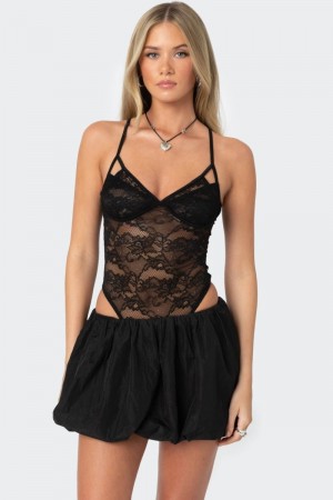 Edikted Strappy Sheer Lace Bodysuit Black | USA GC782338H0